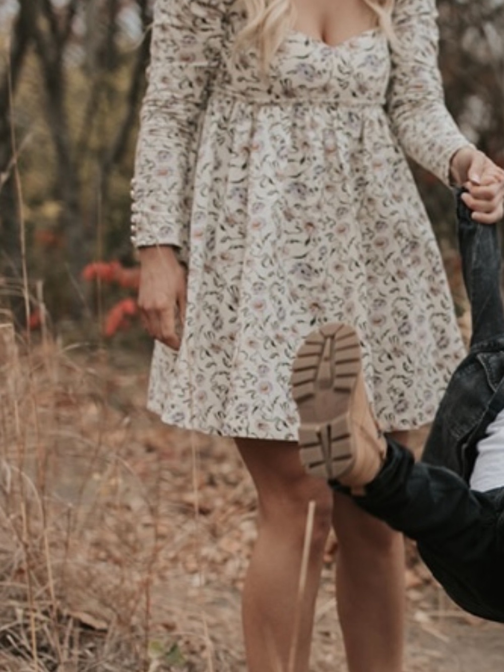 Free People Cream Floral Long-Sleeve Mini Dress